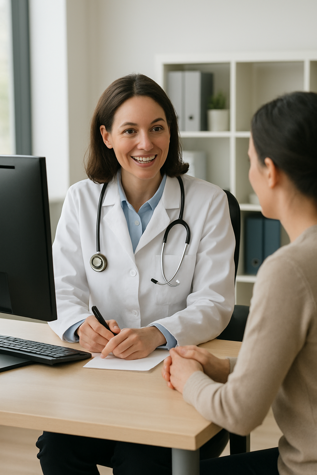 Private health care provider at a desk with a computer while talking to a patient Private health care provider at a desk with a computer while talking to a patient